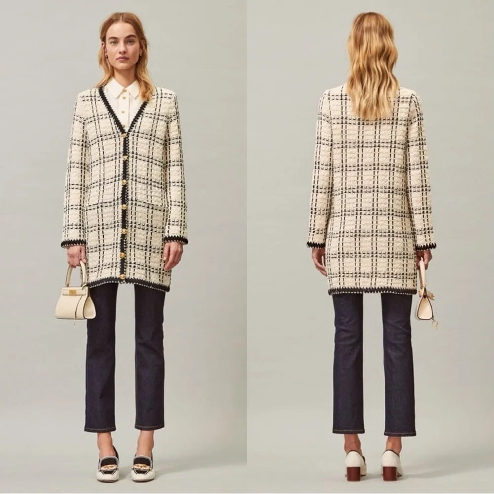 Tory Burch Kendra Tweed Jacket Coat Black Cream Fringed Size M